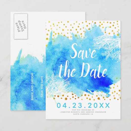 Aqua waterverf, koraalrif bruiloft Save the Date Aankondigingskaart (Voorkant / Achterkant)