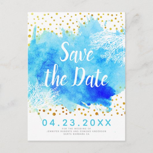 Aqua waterverf, koraalrif bruiloft Save the Date Aankondigingskaart (Voorkant)