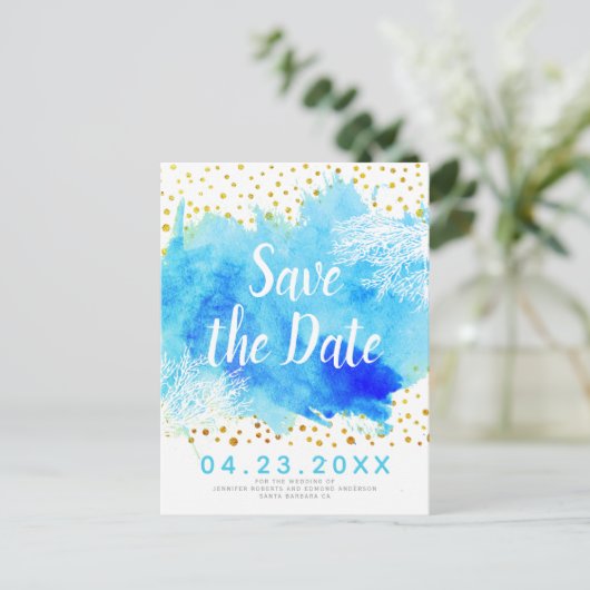 Aqua waterverf, koraalrif bruiloft Save the Date Aankondigingskaart (Staand voorkant)