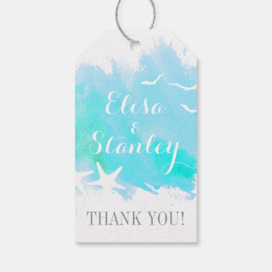 Aqua waterverf, stervisstrand bruiloft Dank je wel Cadeaulabel (Achterkant)