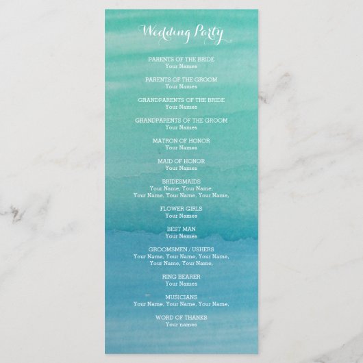Aqua waterverf strand huwelijksceremonie programma programmakaart (Achterkant)