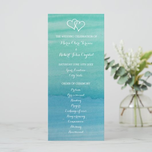 Aqua waterverf strand huwelijksceremonie programma programmakaart (Staand voorkant)