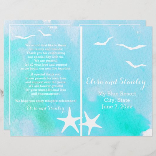 Aqua waterverf, strandbruiloft met zeesterren (Voorkant / Achterkant)