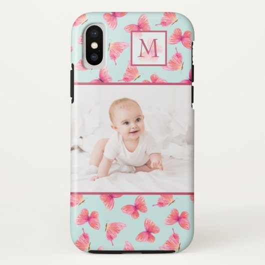 Aqua Waterverf Vlinder Monogram Foto Case-Mate iPhone Case (Achterkant)