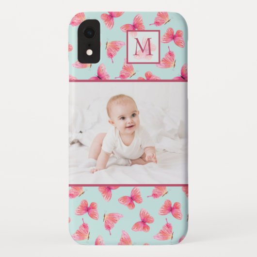 Aqua Waterverf Vlinder Monogram Foto Case-Mate iPhone Case (Achterkant)