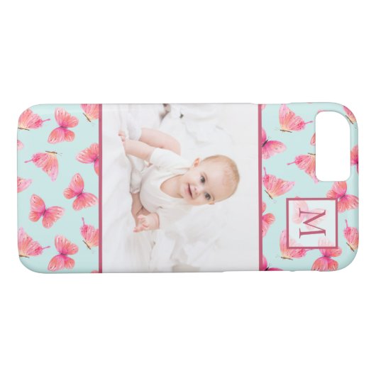 Aqua Waterverf Vlinder Monogram Foto Case-Mate iPhone Case (Achterkant (Horizontaal))