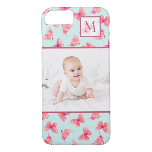 Aqua Waterverf Vlinder Monogram Foto Case-Mate iPhone Case (Achterkant)