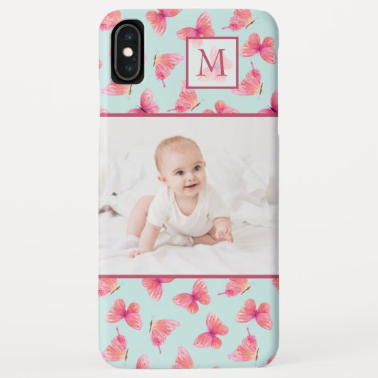 Aqua Waterverf Vlinder Monogram Foto Case-Mate iPhone Case (Achterkant)