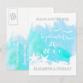 Aqua waterverf, zeesterren bruiloft Save the Date Aankondigingskaart (Voorkant / Achterkant)
