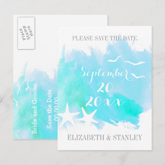 Aqua waterverf, zeesterren bruiloft Save the Date Aankondigingskaart (Voorkant / Achterkant)