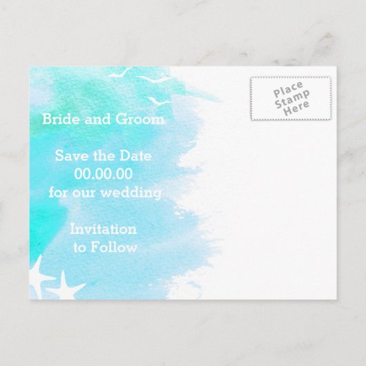 Aqua waterverf, zeesterren bruiloft Save the Date Aankondigingskaart (Achterkant)