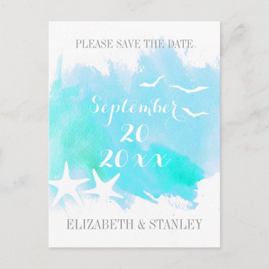 Aqua waterverf, zeesterren bruiloft Save the Date Aankondigingskaart (Voorkant)
