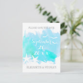 Aqua waterverf, zeesterren bruiloft Save the Date Aankondigingskaart (Staand voorkant)