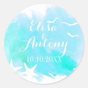 Aqua waterverf, zeesterren bruiloft Save the Date Ronde Sticker