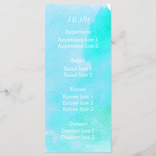 Aqua waterverf, zeesterren strand bruiloft menu (Achterkant)