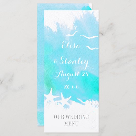 Aqua waterverf, zeesterren strand bruiloft menu (Voorkant / Achterkant)