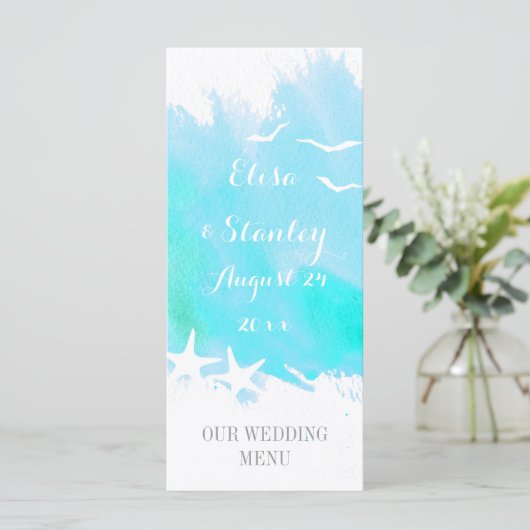 Aqua waterverf, zeesterren strand bruiloft menu (Staand voorkant)