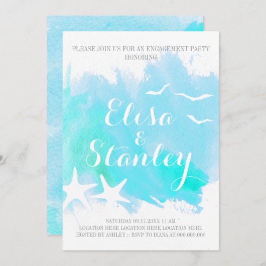 Aqua waterverf, zetvis bruiloft verlofpartij kaart (Voorkant / Achterkant)