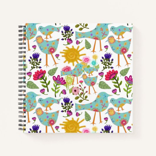 Aqua Whimsical Birds and Flowers Sunny Day Notitieboek (Voorkant)