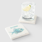 Aqua Whimsical Fish Personalized Stone Onderzetter (Zijkant)