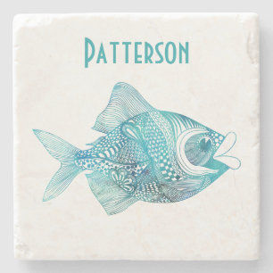 Aqua Whimsical Fish Personalized Stone Onderzetter