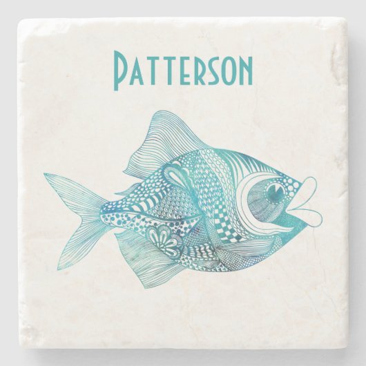 Aqua Whimsical Fish Personalized Stone Onderzetter (Voorkant)
