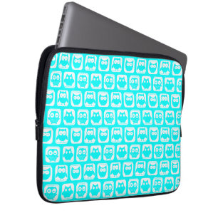 Aqua Whimsical Owl Pattern Laptop Sleeve