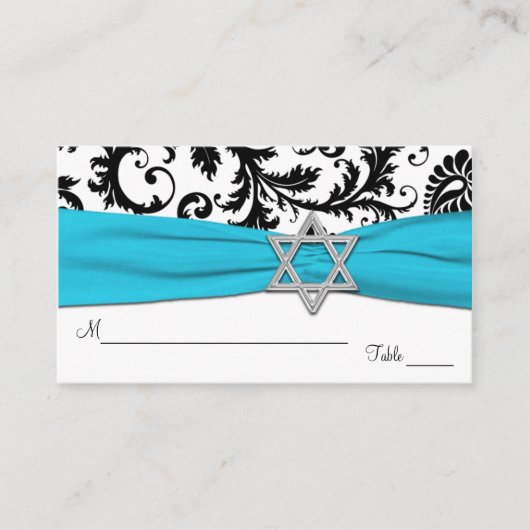 Aqua, White, Black Damask Bat Mitzvah Plaatskaarte Plaatskaartje (Voorkant)