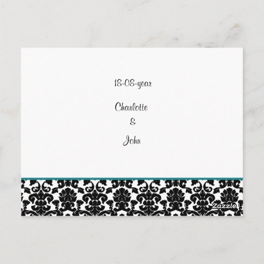 Aqua White Black Damask Wedding Invitations Briefkaart (Achterkant)