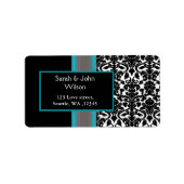 Aqua White Black Damask Wedding Invitations Etiket (Voorkant)