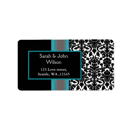 Aqua White Black Damask Wedding Invitations Etiket (Voorkant)