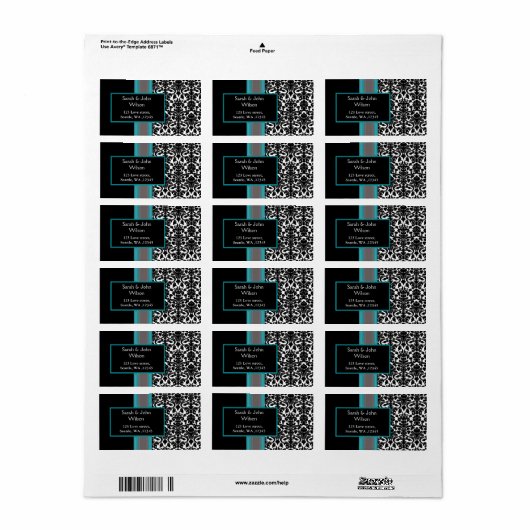Aqua White Black Damask Wedding Invitations Etiket (Full Sheet)