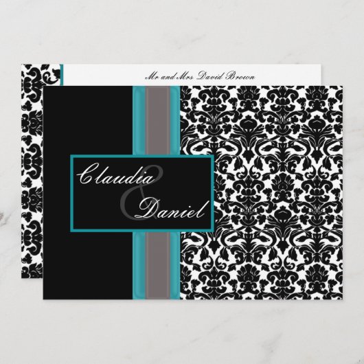 Aqua White Black Damask Wedding Invitations Kaart (Voorkant / Achterkant)