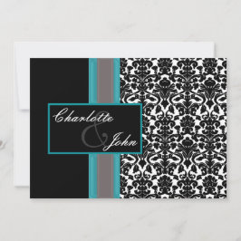 Aqua White Black Damask Wedding Invitations Kaart