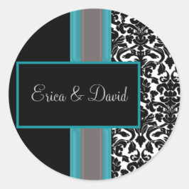 Aqua White Black Damask Wedding Invitations Ronde Sticker