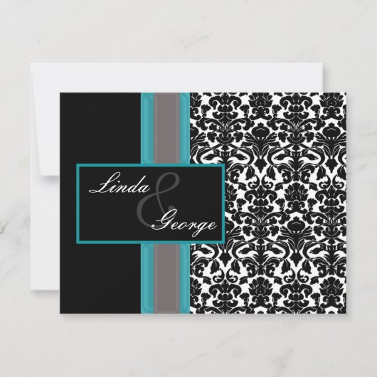 Aqua White Black Damask Wedding Invitations RSVP Kaartje (Voorkant)