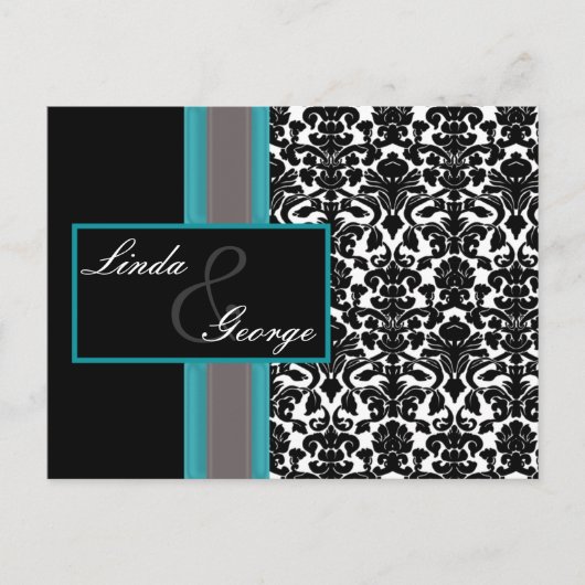 Aqua White Black Damask Wedding Invitations Uitnodiging Briefkaart (Voorkant)