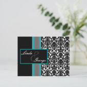 Aqua White Black Damask Wedding Invitations Uitnodiging Briefkaart (Staand voorkant)