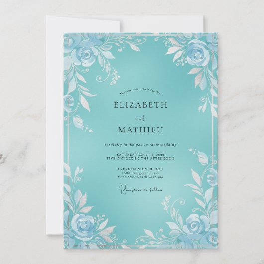 Aqua White Blossom Bruiloft Kaart (Voorkant)
