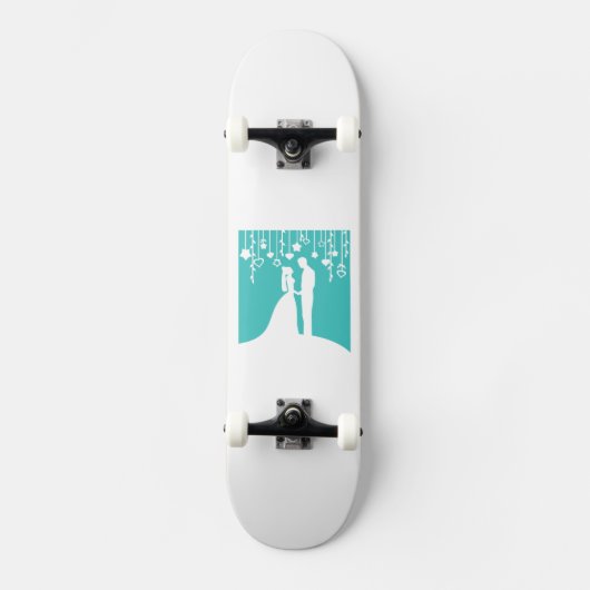 Aqua & White Bride and Groom Wedding Silhouettes Skateboard (Voorkant)