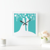 Aqua & White Bride en Groom Wedding Silhouettes Vierkante Klok (Huis)