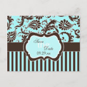 Aqua White Brown Striped Damask Save the Date Kaar Aankondigingskaart (Voorkant)
