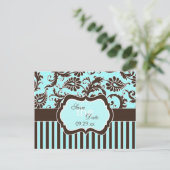 Aqua White Brown Striped Damask Save the Date Kaar Aankondigingskaart (Staand voorkant)