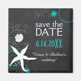 Aqua White Chalkboard Beach Wedding Save the Date Magneet