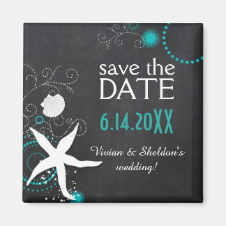 Aqua White Chalkboard Beach Wedding Save the Date Magneet