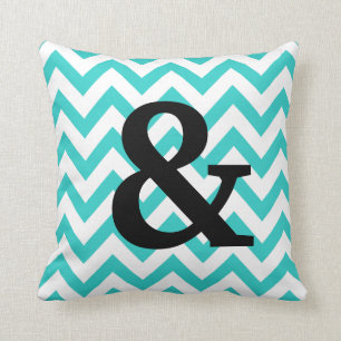 Aqua & White Chevron Ampersand Pillow Kussen