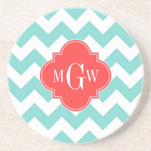 Aqua White Chevron Coral Red Quatrefoil 3 Monogram Zandsteen Onderzetter
