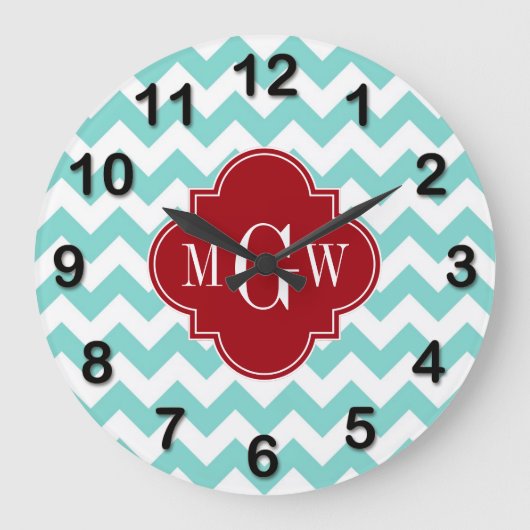 Aqua White Chevron Cranberry Quatrefoil 3 Monogram Grote Klok (Voorkant)