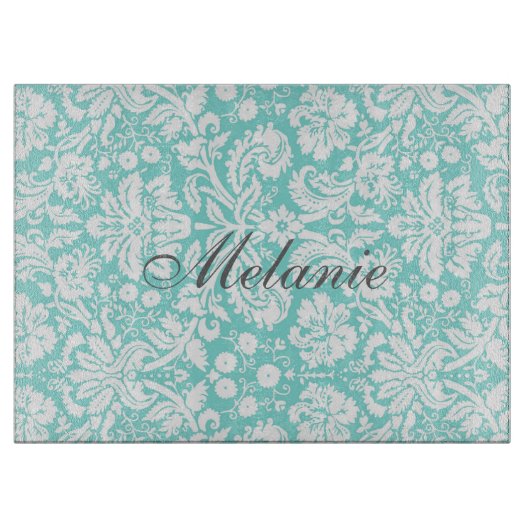 Aqua White Damask - Aangepaste naam snijvlak Snijplank (Voorkant)