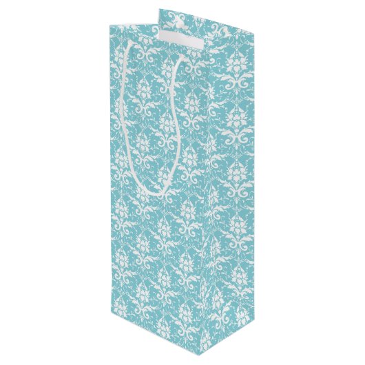 Aqua & White Damask Print Wine Gift Bag Wijn Cadeautas (Achterkant Gekanteld)